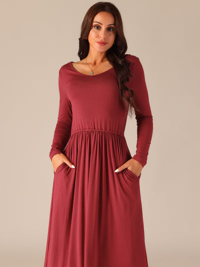 Women's V Neck Long Sleeve High Waist Midi Swing Dress with Pockets