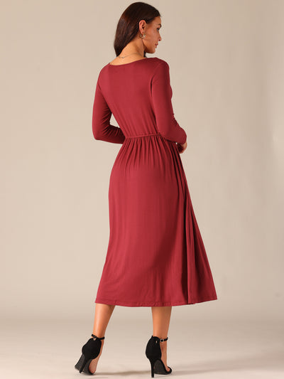 Women's V Neck Long Sleeve High Waist Midi Swing Dress with Pockets