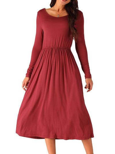 Women's V Neck Long Sleeve High Waist Midi Swing Dress with Pockets