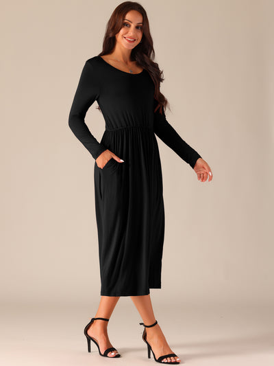 Women's V Neck Long Sleeve High Waist Midi Swing Dress with Pockets