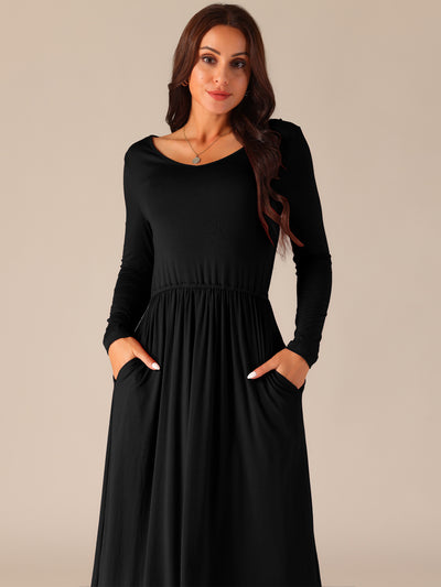 Women's V Neck Long Sleeve High Waist Midi Swing Dress with Pockets