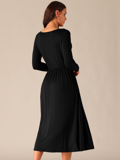 Women's V Neck Long Sleeve High Waist Midi Swing Dress with Pockets