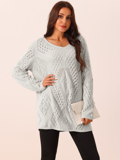 Women's V Neck Long Sleeve Hollow Cable Knit Loose Casual Pullover Sweaters