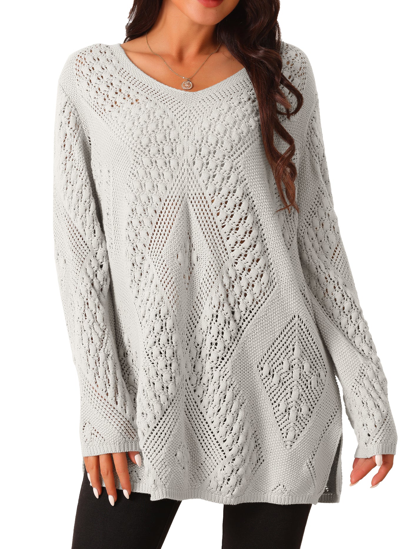 Bublédon Women's V Neck Long Sleeve Hollow Cable Knit Loose Casual Pullover Sweaters