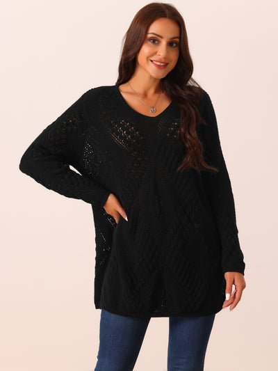 Women's V Neck Long Sleeve Hollow Cable Knit Loose Casual Pullover Sweaters