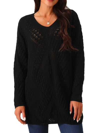 Women's V Neck Long Sleeve Hollow Cable Knit Loose Casual Pullover Sweaters