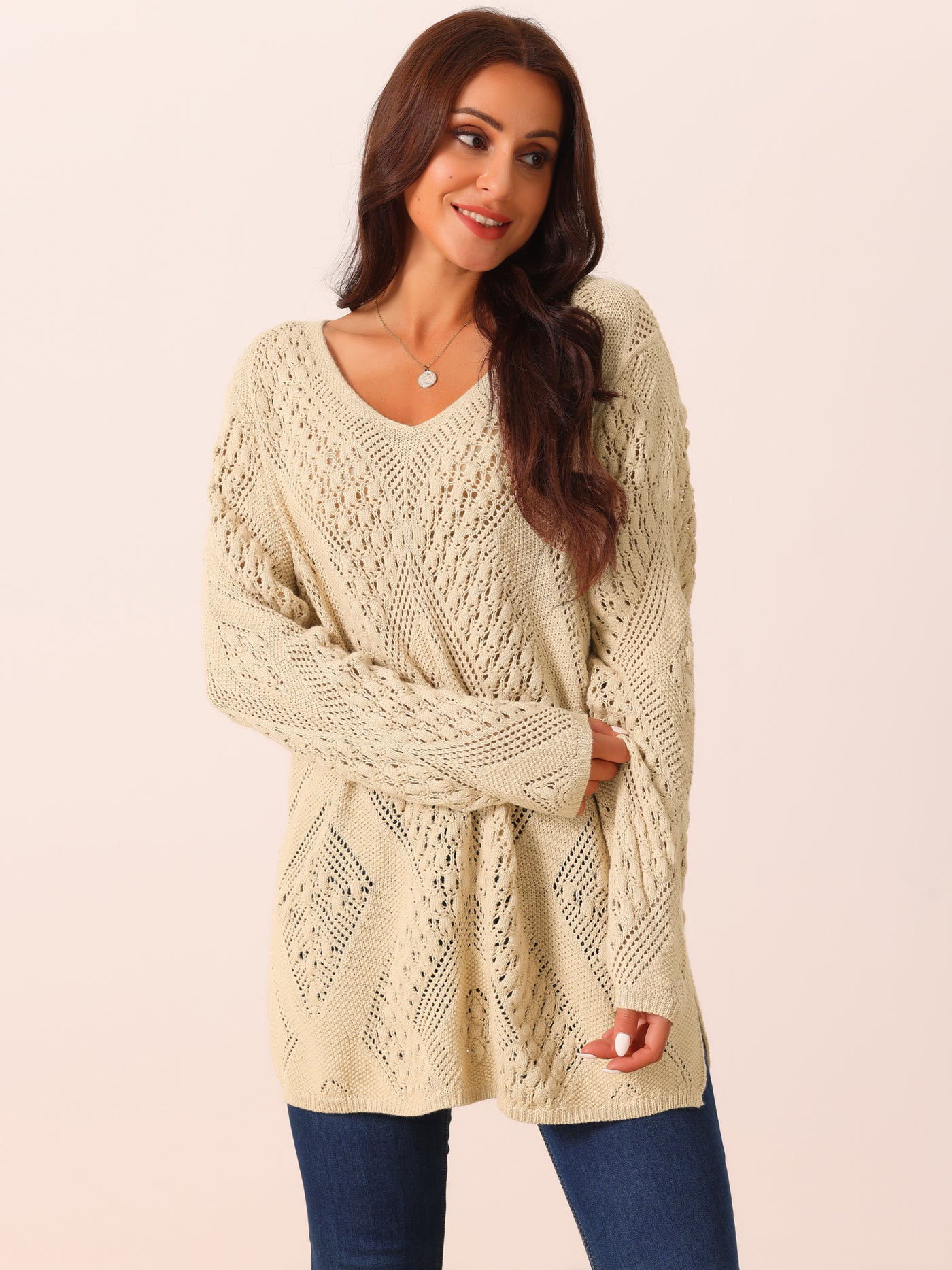 Bublédon Women's V Neck Long Sleeve Hollow Cable Knit Loose Casual Pullover Sweaters