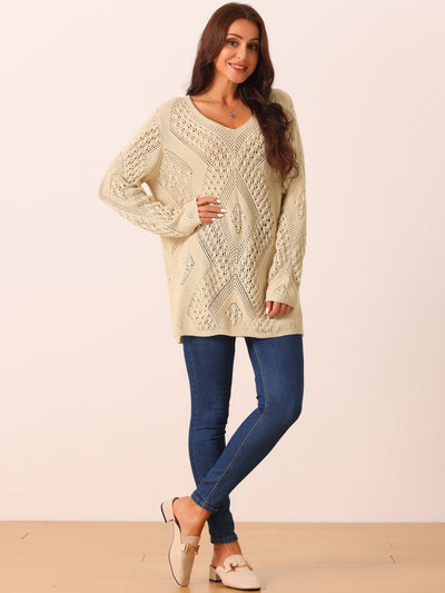 Women's V Neck Long Sleeve Hollow Cable Knit Loose Casual Pullover Sweaters