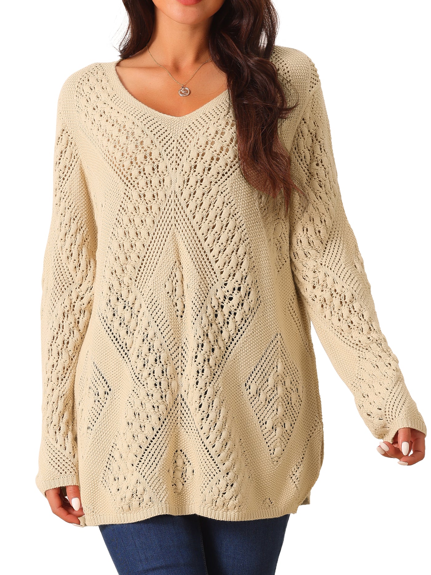 Bublédon Women's V Neck Long Sleeve Hollow Cable Knit Loose Casual Pullover Sweaters