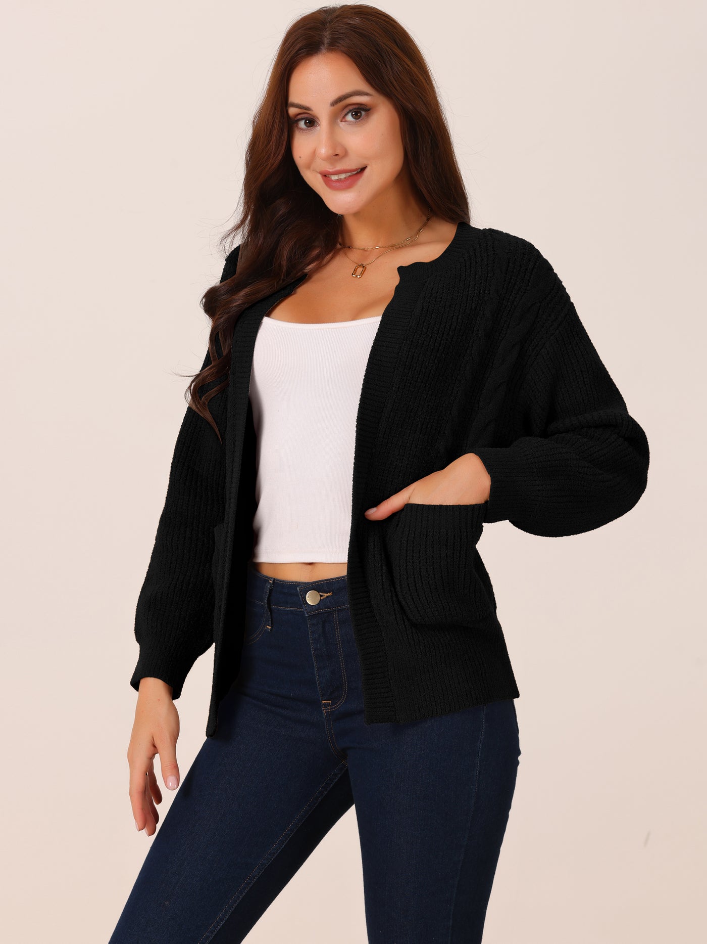 Bublédon Women's Open Front Long Sleeve Knitted Casual Sweater Cardigan with Pockets