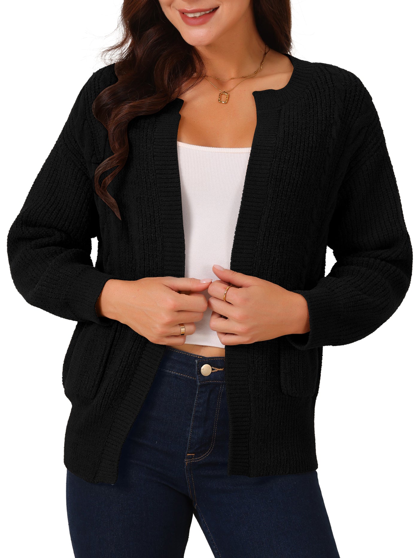 Bublédon Women's Open Front Long Sleeve Knitted Casual Sweater Cardigan with Pockets