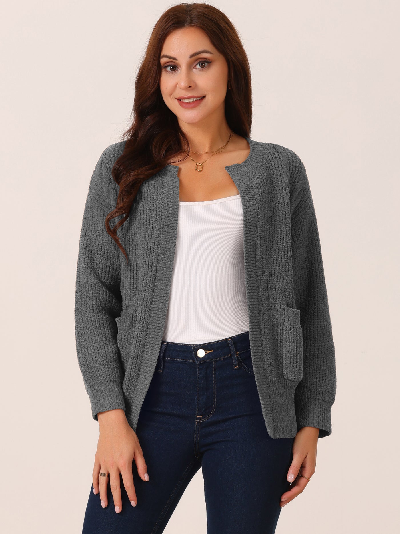 Bublédon Women's Open Front Long Sleeve Knitted Casual Sweater Cardigan with Pockets