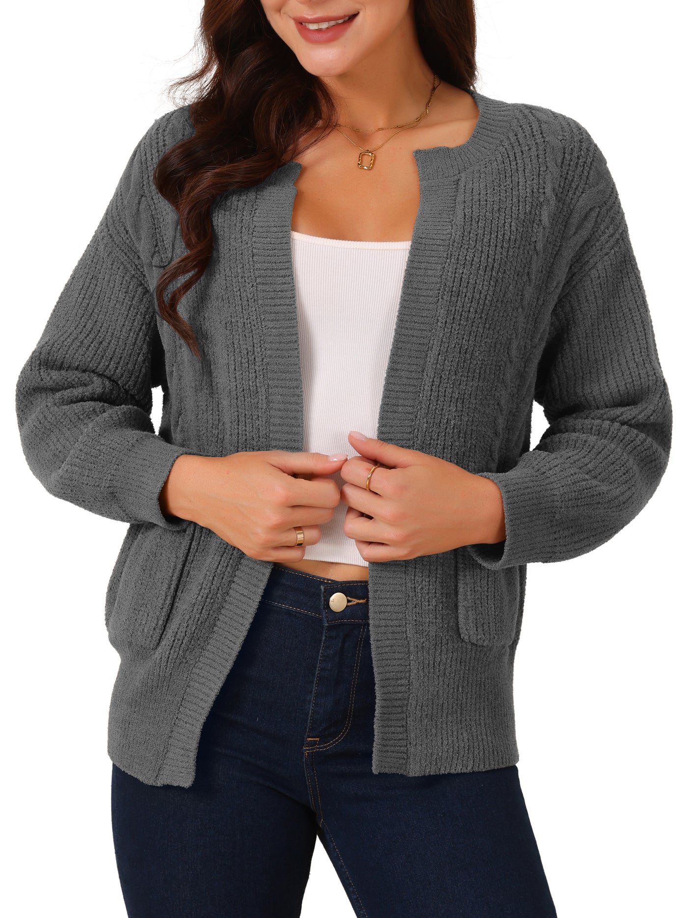 Bublédon Women's Open Front Long Sleeve Knitted Casual Sweater Cardigan with Pockets