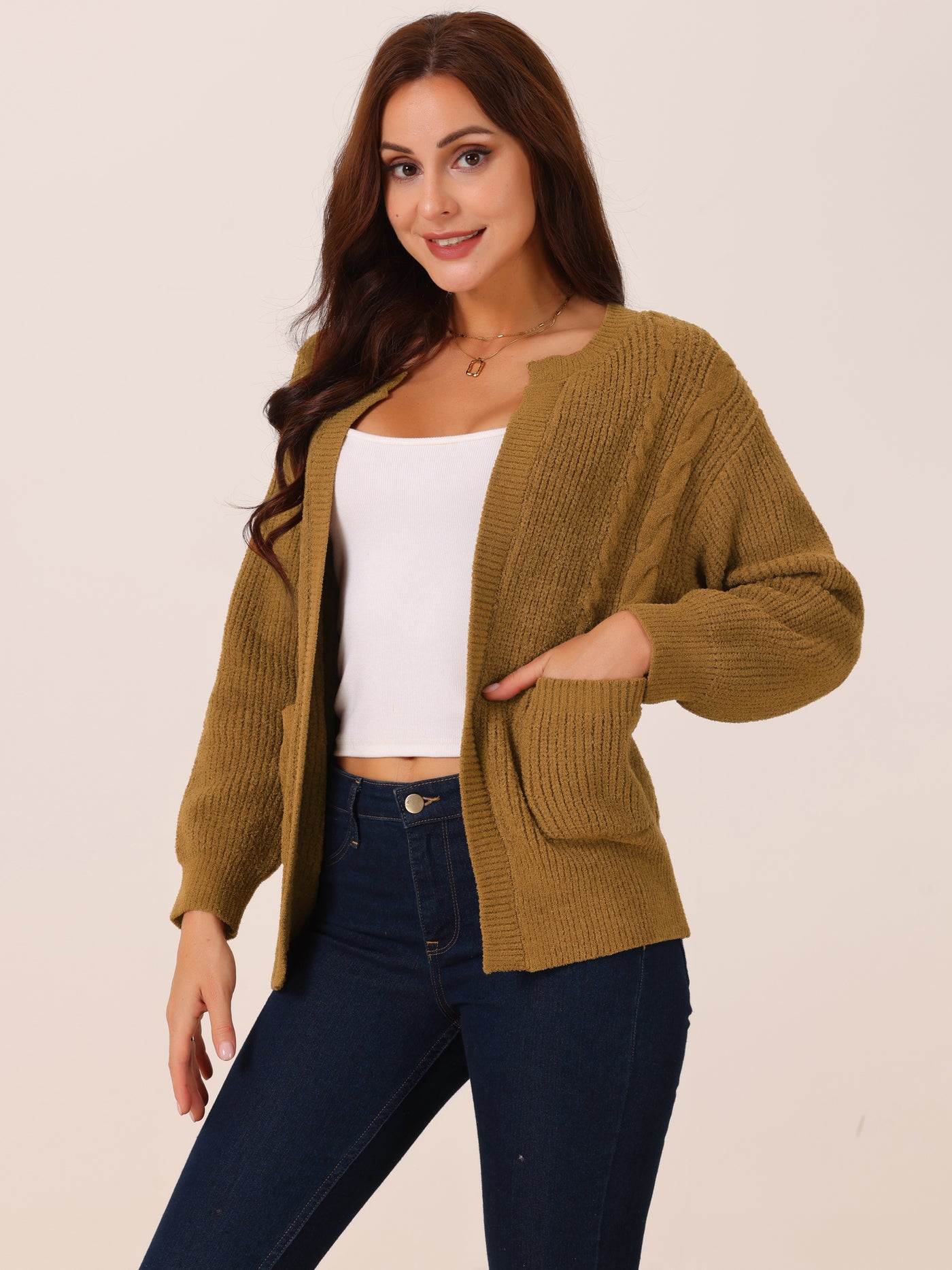 Bublédon Women's Open Front Long Sleeve Knitted Casual Sweater Cardigan with Pockets