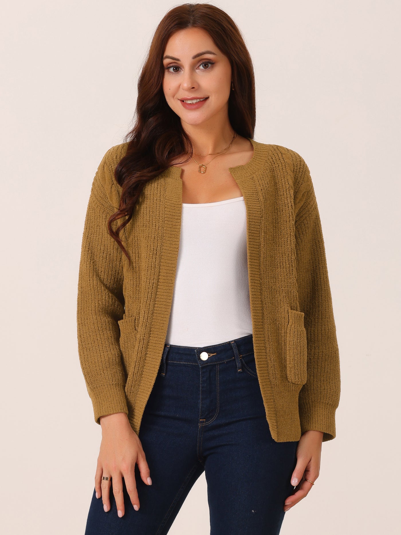 Bublédon Women's Open Front Long Sleeve Knitted Casual Sweater Cardigan with Pockets