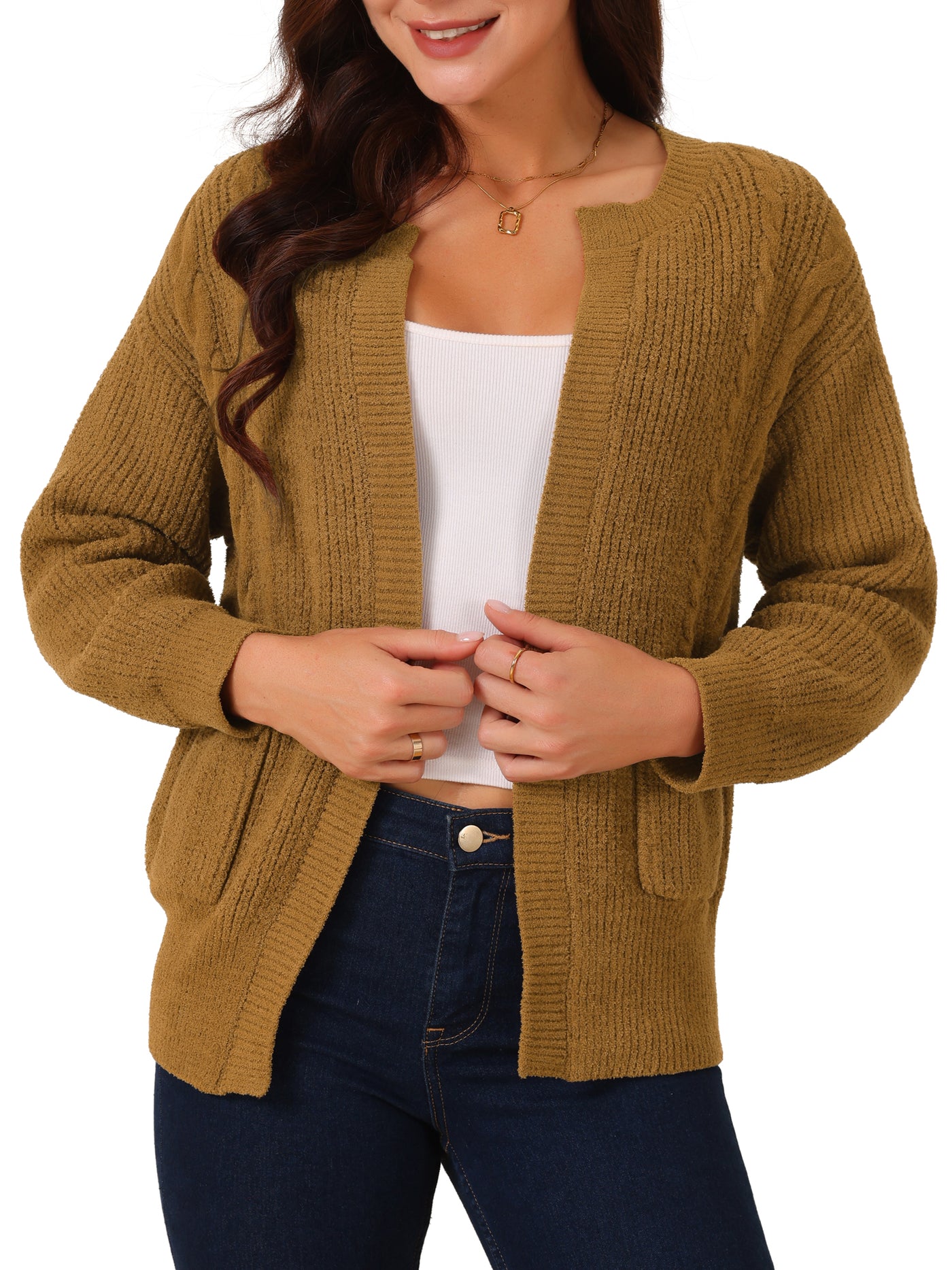 Bublédon Women's Open Front Long Sleeve Knitted Casual Sweater Cardigan with Pockets