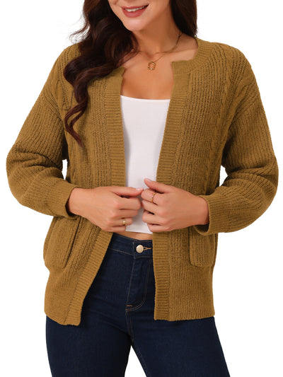 Women's Open Front Long Sleeve Knitted Casual Sweater Cardigan with Pockets