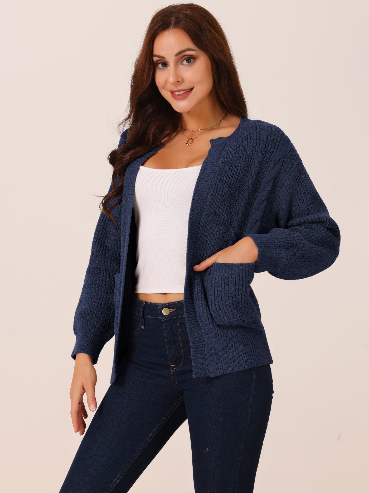 Bublédon Women's Open Front Long Sleeve Knitted Casual Sweater Cardigan with Pockets