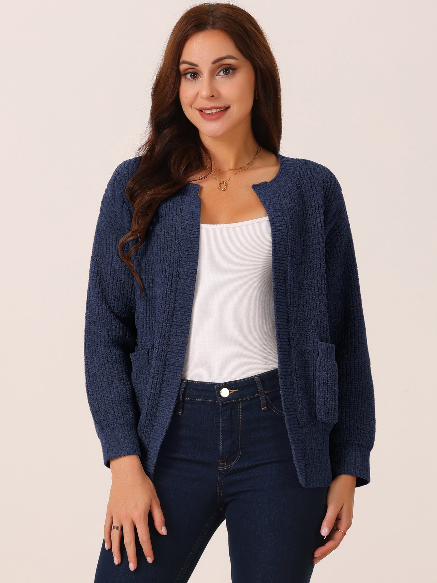 Bublédon Women's Open Front Long Sleeve Knitted Casual Sweater Cardigan with Pockets