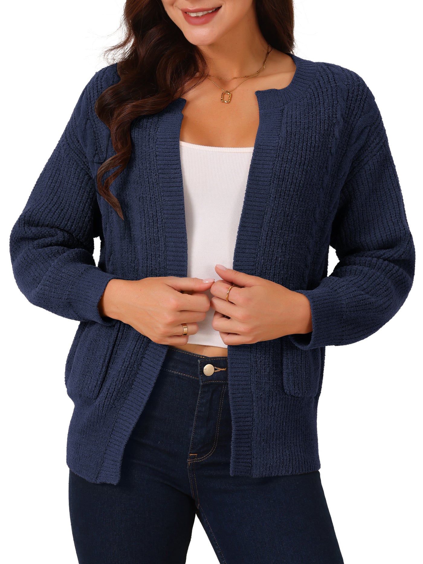 Bublédon Women's Open Front Long Sleeve Knitted Casual Sweater Cardigan with Pockets