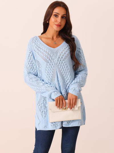 Women's V Neck Long Sleeve Hollow Cable Knit Loose Casual Pullover Sweaters