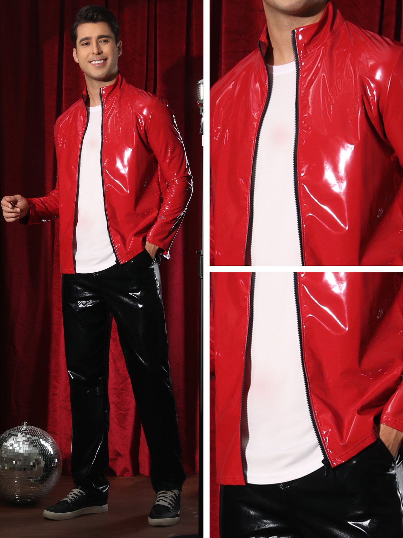 Bublédon Metallic Jackets for Men's Shiny Party Nightclub Zipper Outwear PU Jacket