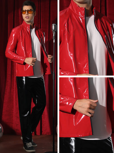 Metallic Jackets for Men's Shiny Party Nightclub Zipper Outwear PU Jacket