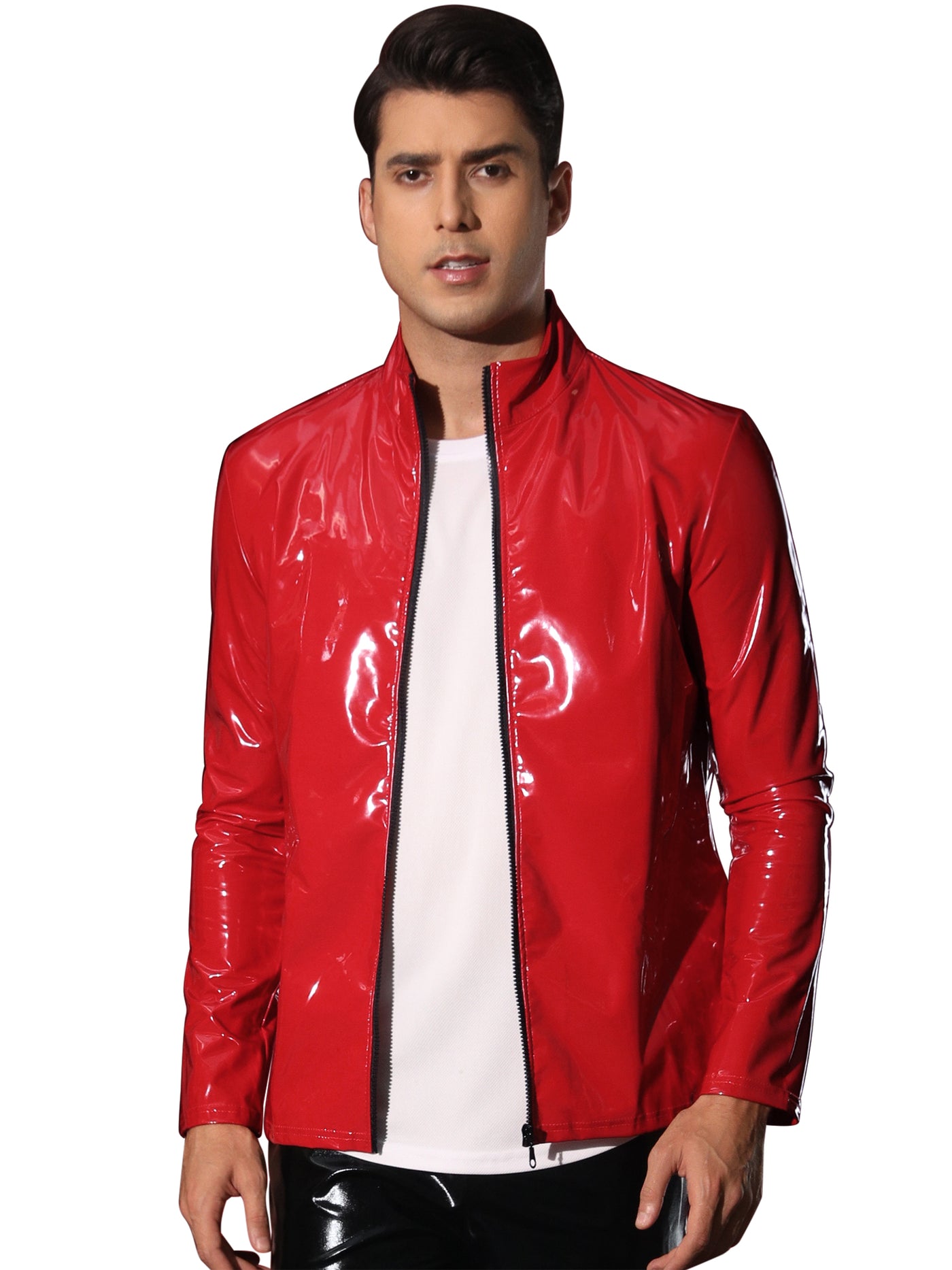 Bublédon Metallic Jackets for Men's Shiny Party Nightclub Zipper Outwear PU Jacket