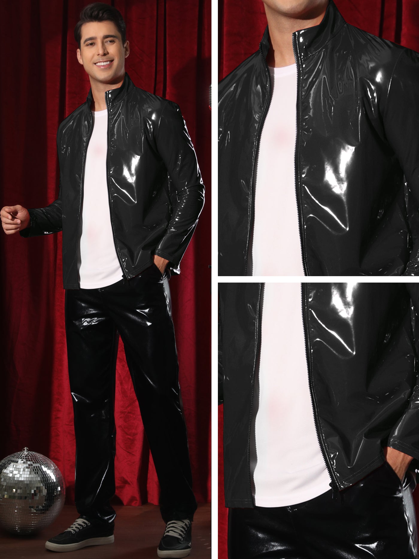 Bublédon Metallic Jackets for Men's Shiny Party Nightclub Zipper Outwear PU Jacket