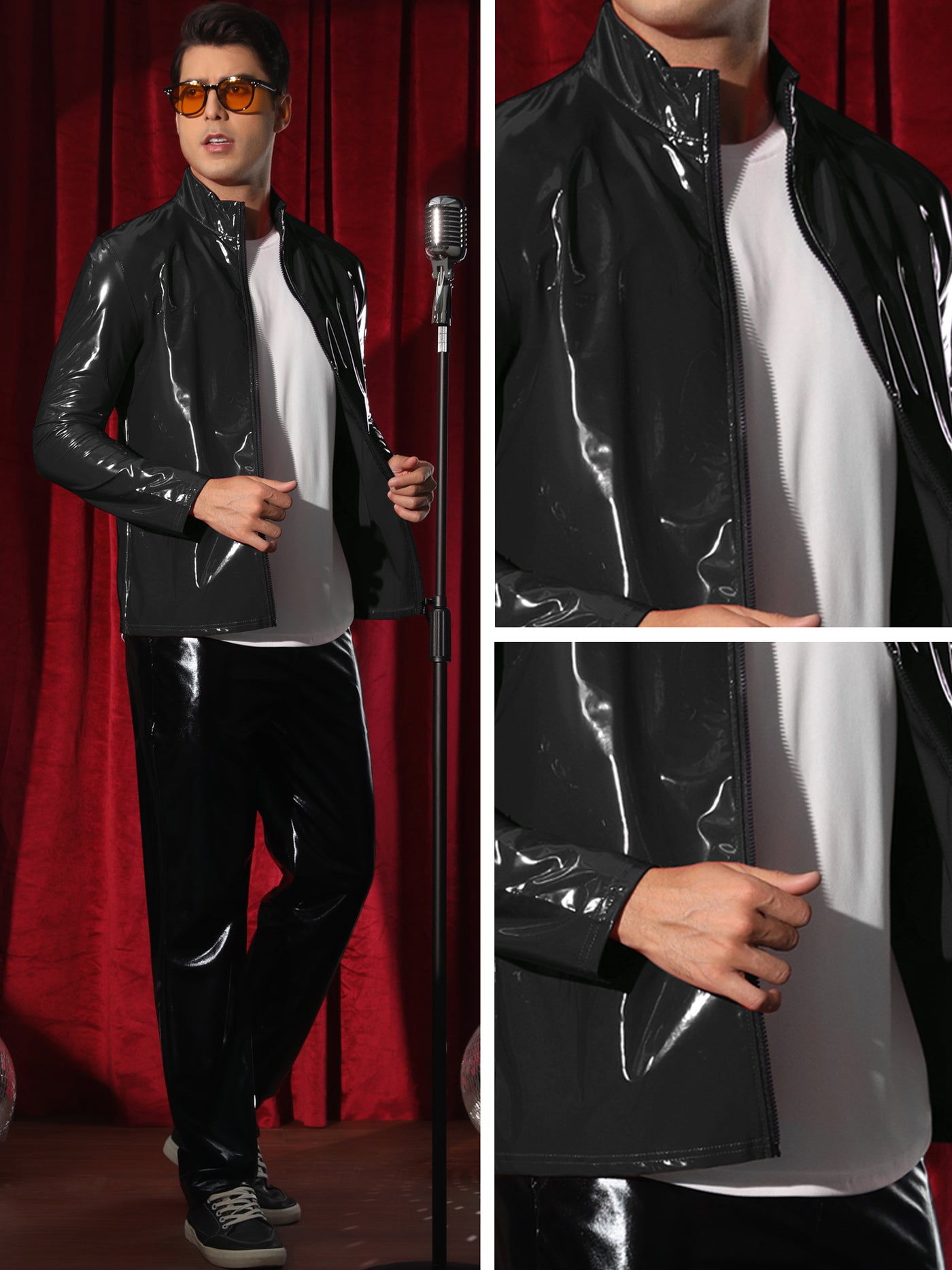 Bublédon Metallic Jackets for Men's Shiny Party Nightclub Zipper Outwear PU Jacket