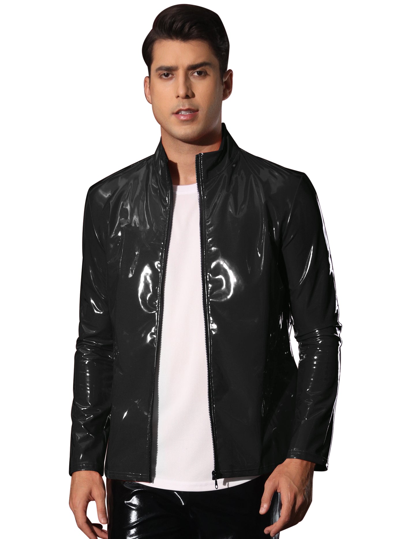 Bublédon Metallic Jackets for Men's Shiny Party Nightclub Zipper Outwear PU Jacket