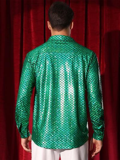 Metallic Shirt for Men's Long Sleeves Party Nightclub Patterned Shiny Shirts