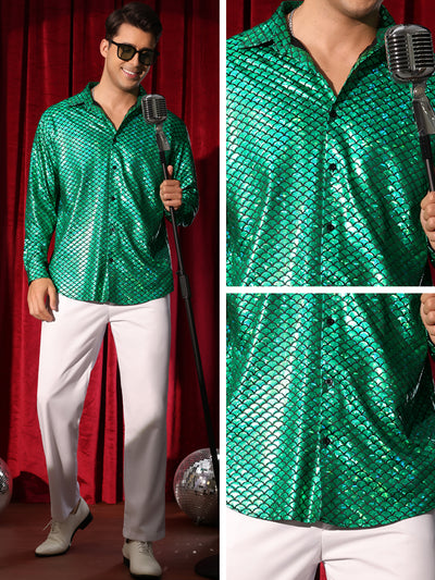 Metallic Shirt for Men's Long Sleeves Party Nightclub Patterned Shiny Shirts