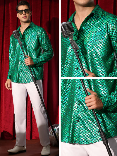 Metallic Shirt for Men's Long Sleeves Party Nightclub Patterned Shiny Shirts