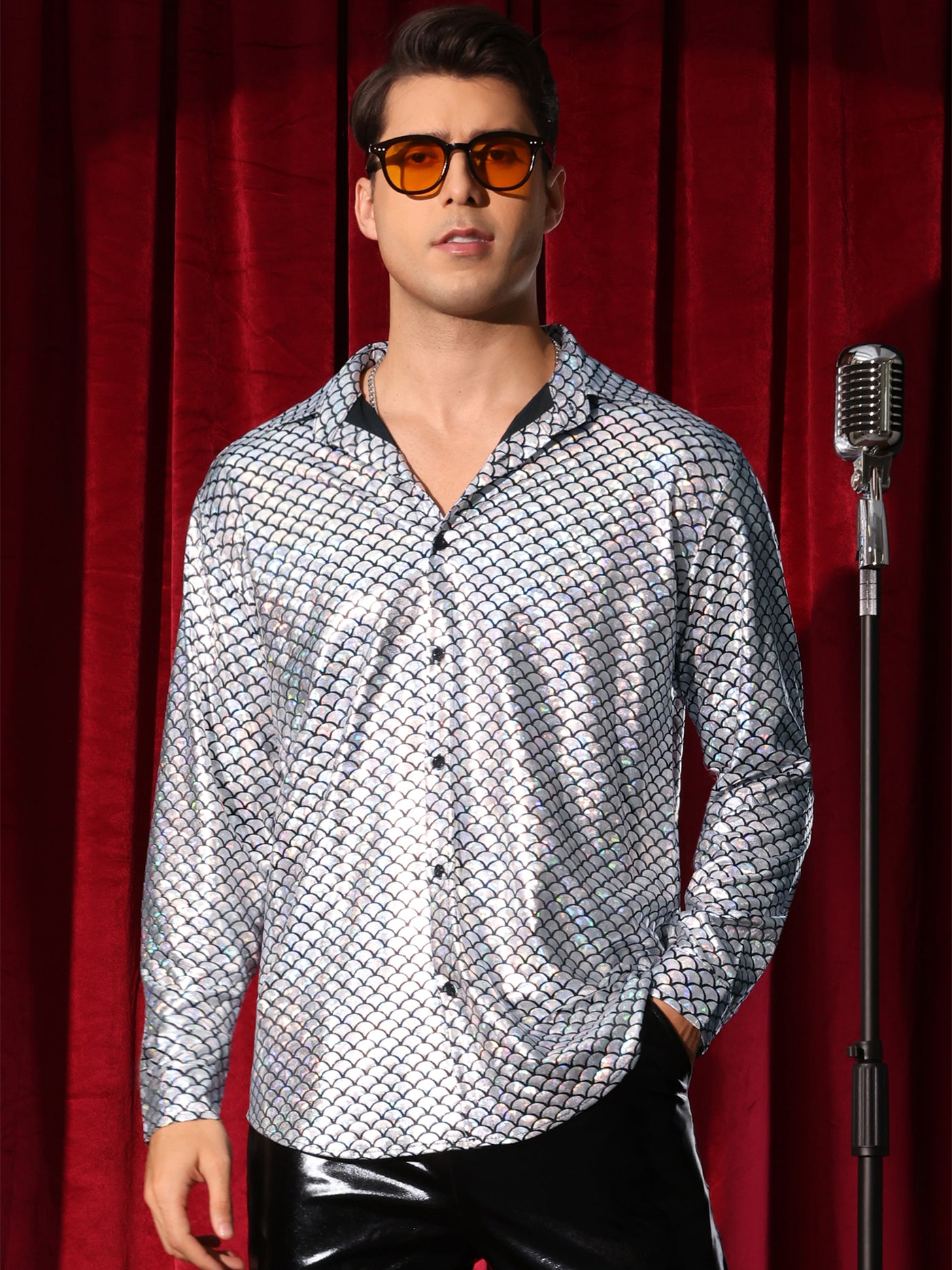 Bublédon Metallic Shirt for Men's Long Sleeves Party Nightclub Patterned Shiny Shirts