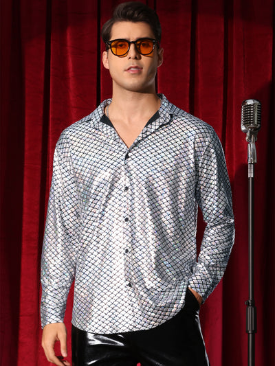 Metallic Shirt for Men's Long Sleeves Party Nightclub Patterned Shiny Shirts