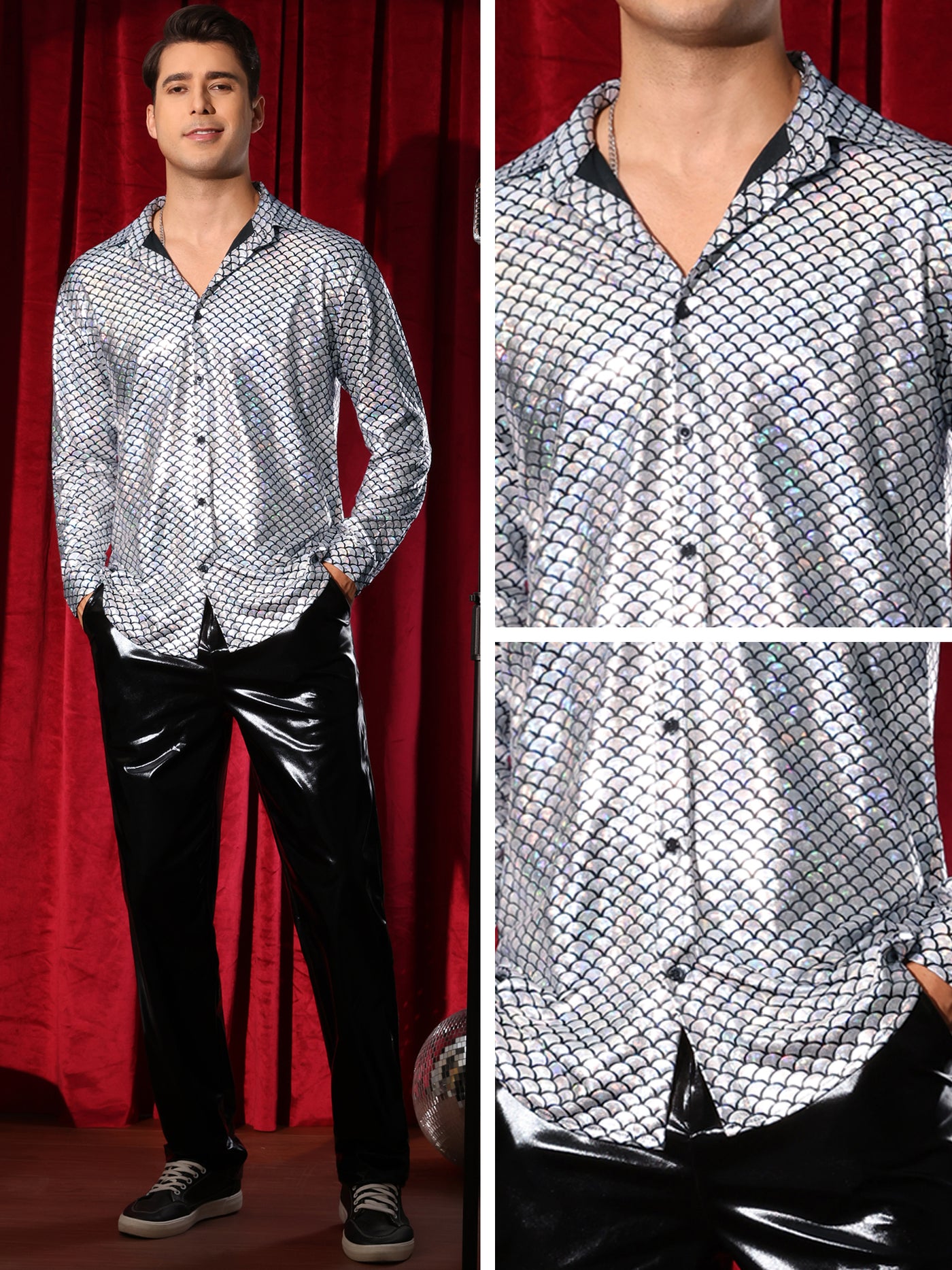 Bublédon Metallic Shirt for Men's Long Sleeves Party Nightclub Patterned Shiny Shirts