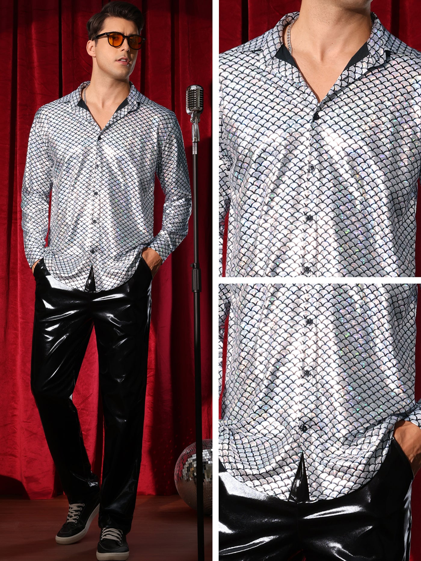 Bublédon Metallic Shirt for Men's Long Sleeves Party Nightclub Patterned Shiny Shirts