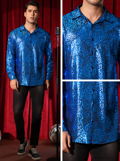 Leopard Printed Metallic for Men's Long Sleeves Button Down Shiny Shirts