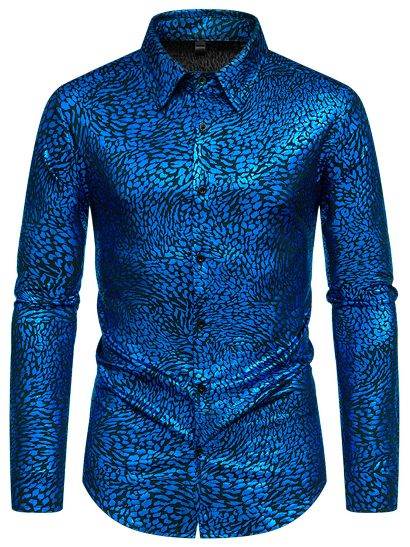 Bublédon Leopard Printed Metallic for Men's Long Sleeves Button Down Shiny Shirts