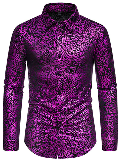 Leopard Printed Metallic for Men's Long Sleeves Button Down Shiny Shirts