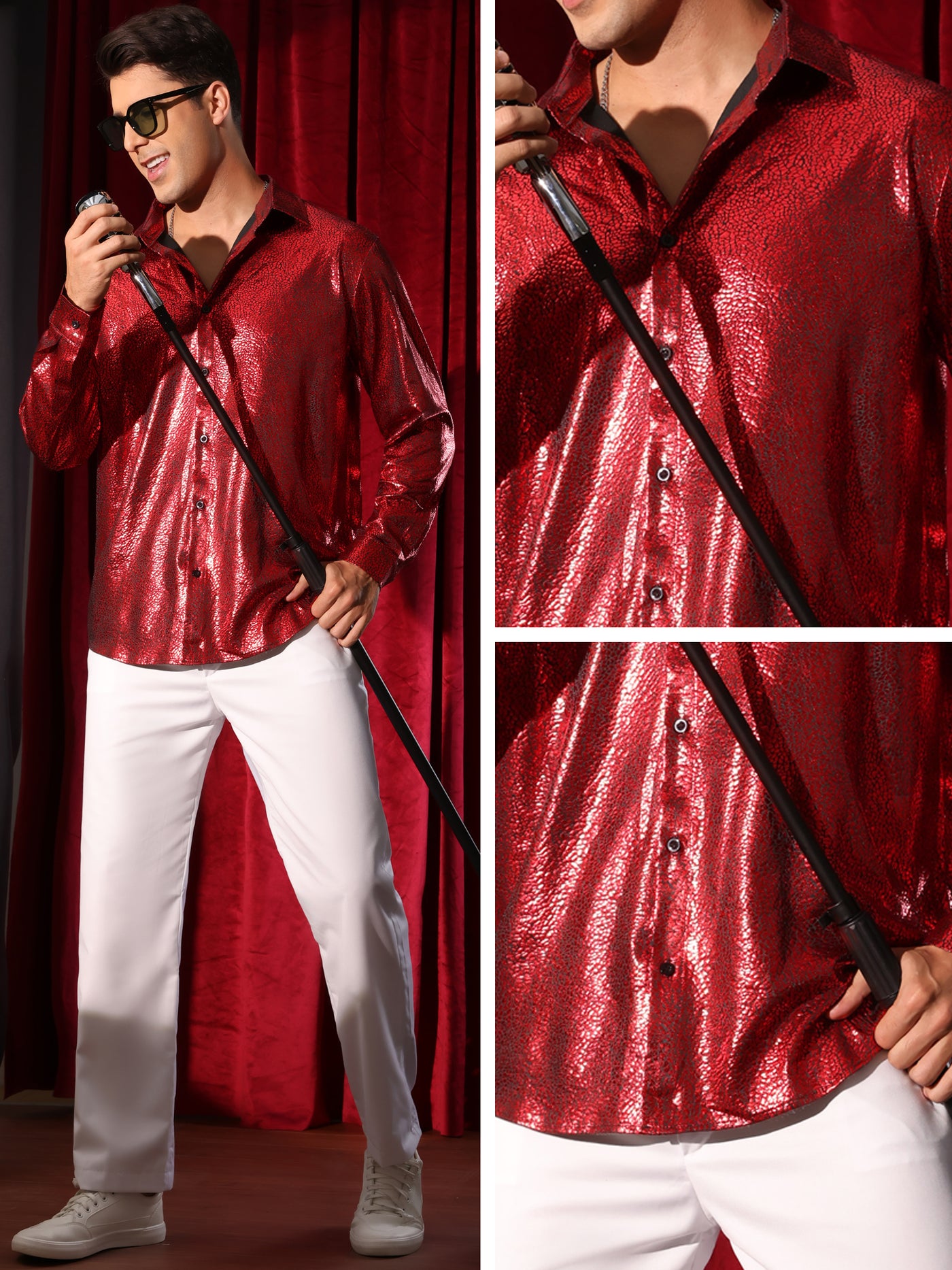 Bublédon Metallic Shirt for Men's Button Down Party Glitter Costume Shiny Leopard Printed Shirts