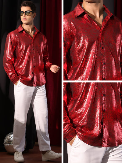 Metallic Shirt for Men's Button Down Party Glitter Costume Shiny Leopard Printed Shirts