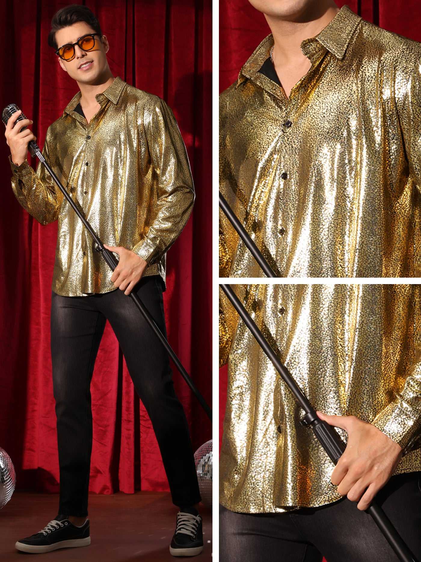 Bublédon Metallic Shirt for Men's Button Down Party Glitter Costume Shiny Leopard Printed Shirts