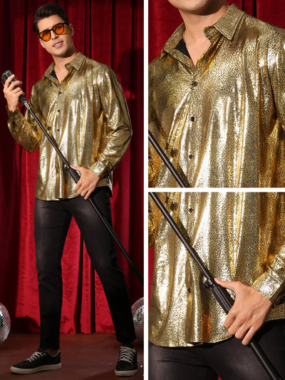 Metallic Shirt for Men's Button Down Party Glitter Costume Shiny Leopard Printed Shirts