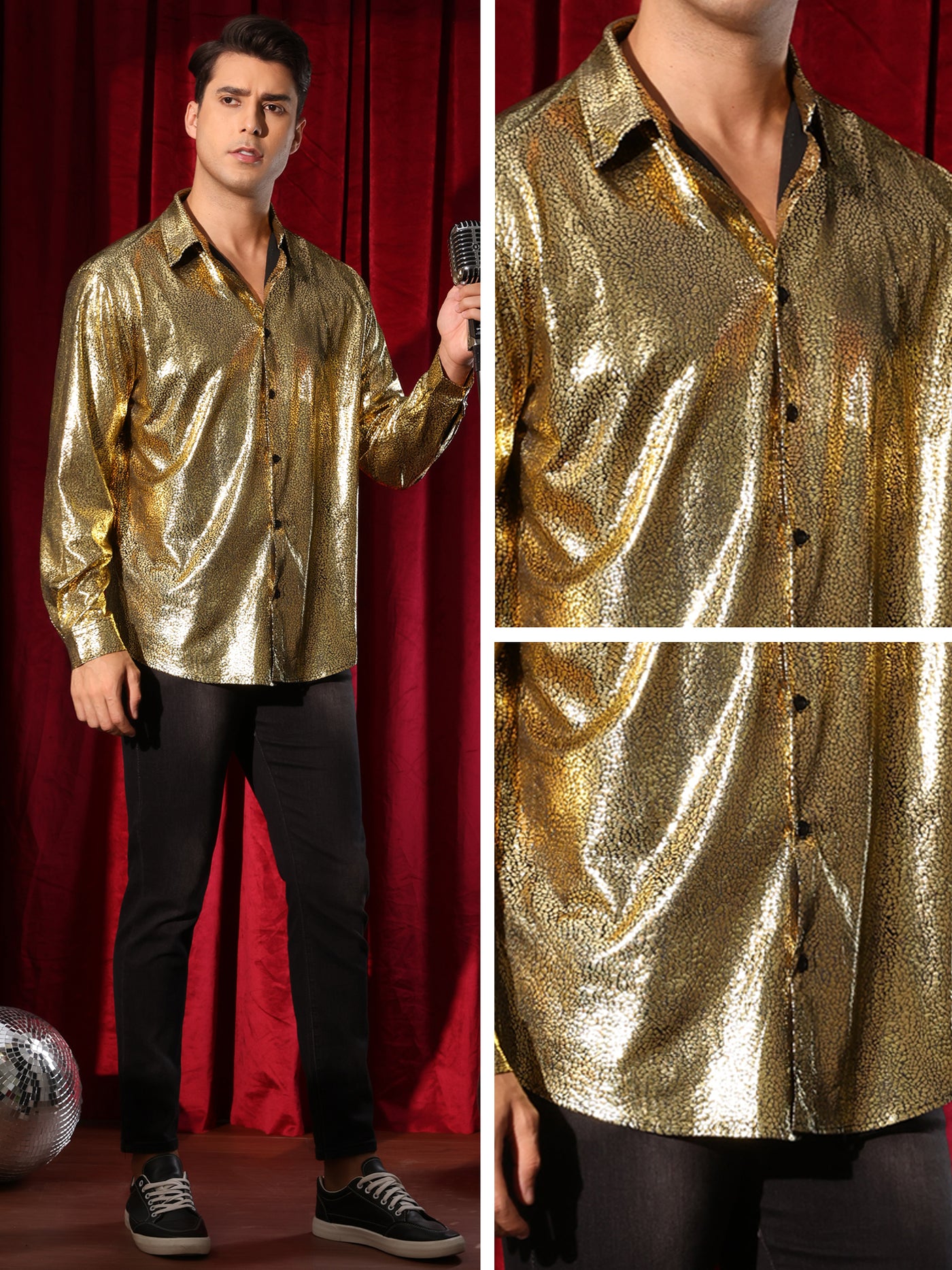 Bublédon Metallic Shirt for Men's Button Down Party Glitter Costume Shiny Leopard Printed Shirts