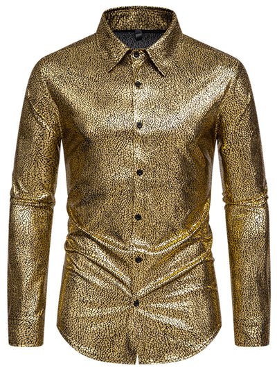 Metallic Shirt for Men's Button Down Party Glitter Costume Shiny Leopard Printed Shirts