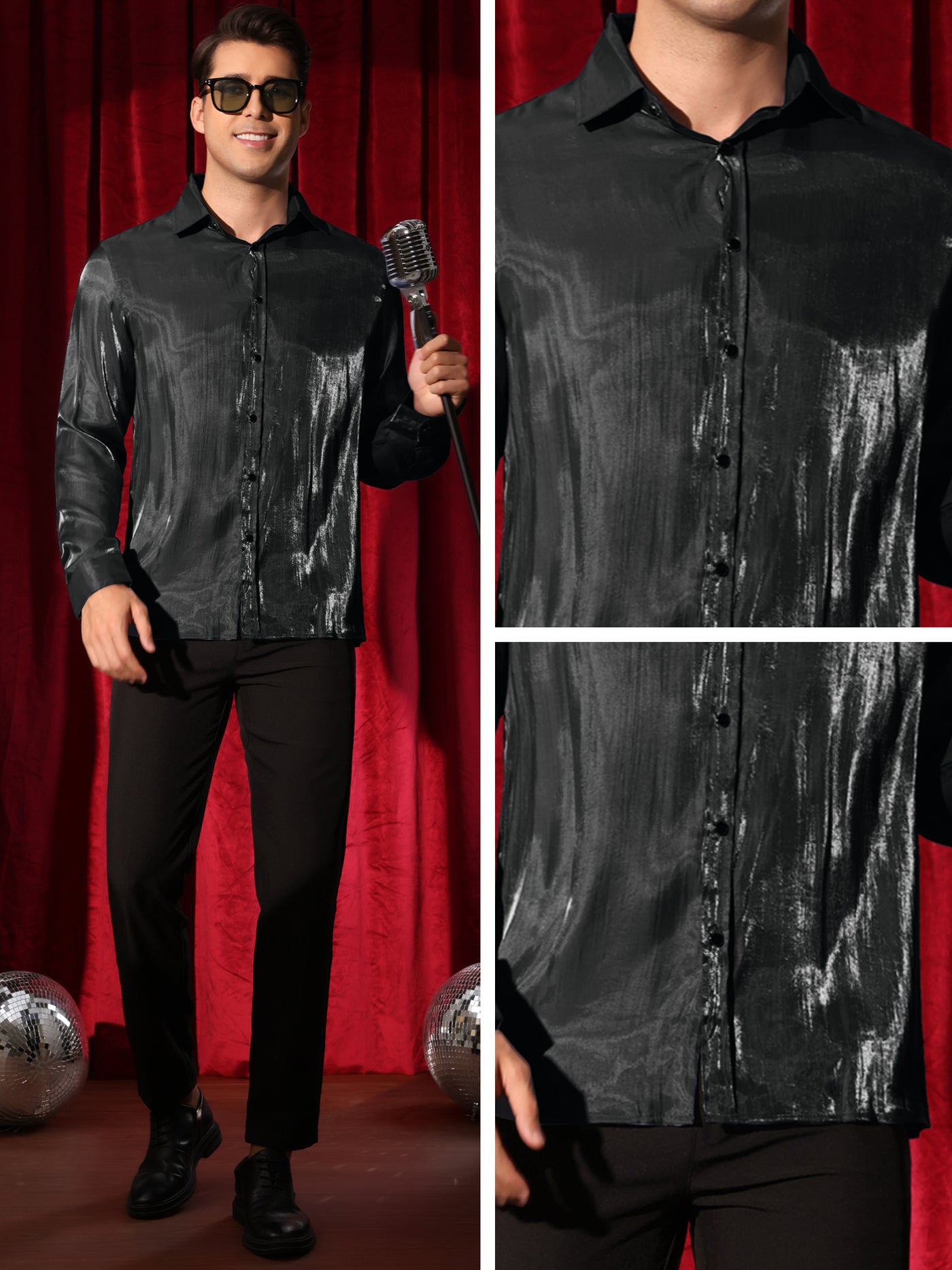 Bublédon Shiny Satin Shirts for Men's Long Sleeves Button Down Prom Wedding Party Shirt