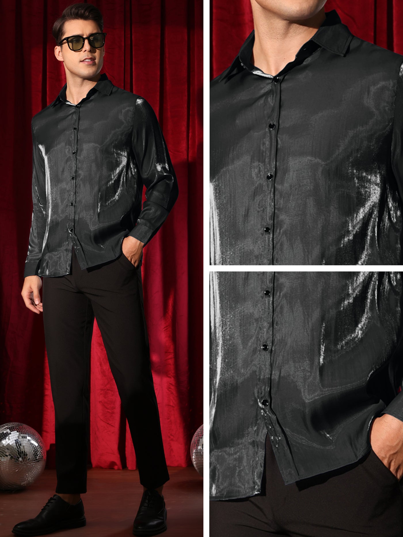 Bublédon Shiny Satin Shirts for Men's Long Sleeves Button Down Prom Wedding Party Shirt