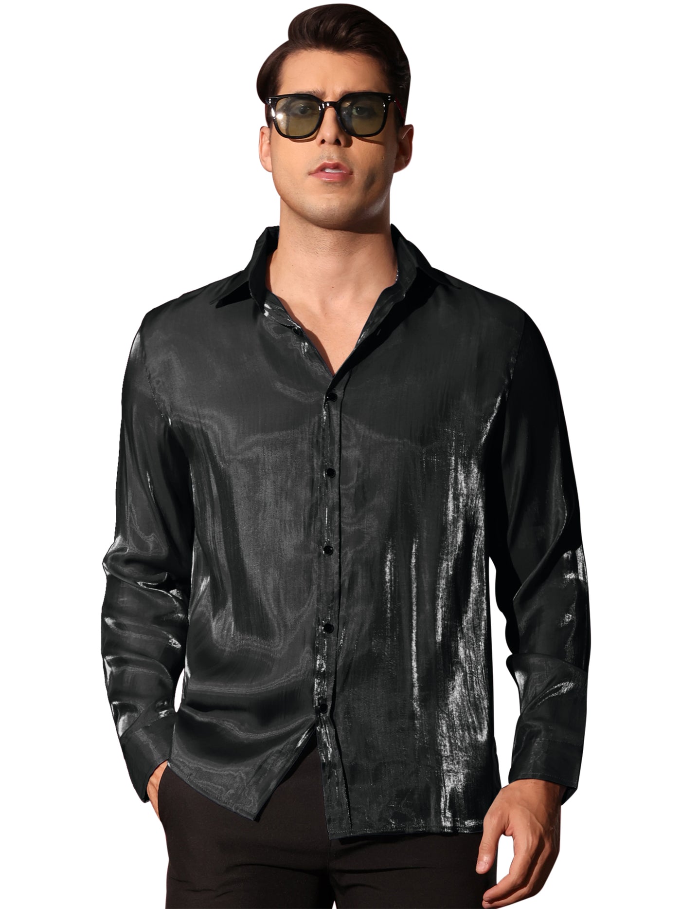 Bublédon Shiny Satin Shirts for Men's Long Sleeves Button Down Prom Wedding Party Shirt